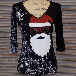 Vanilla Sugar Santa Graphic Top Women’s S Black Christmas V-Neck 3/4 Sleeve